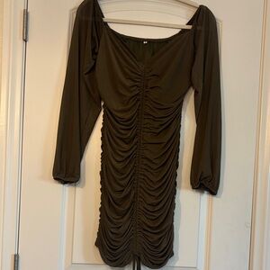 Oh Polly Olive Long Sleeve Ruched Dress